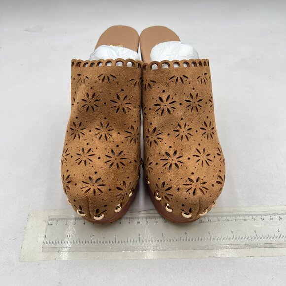 FOWT Tan Studded Round Toe Floral Cut Out Platform Mules Chunky High Heel Sandal - Picture 3 of 8